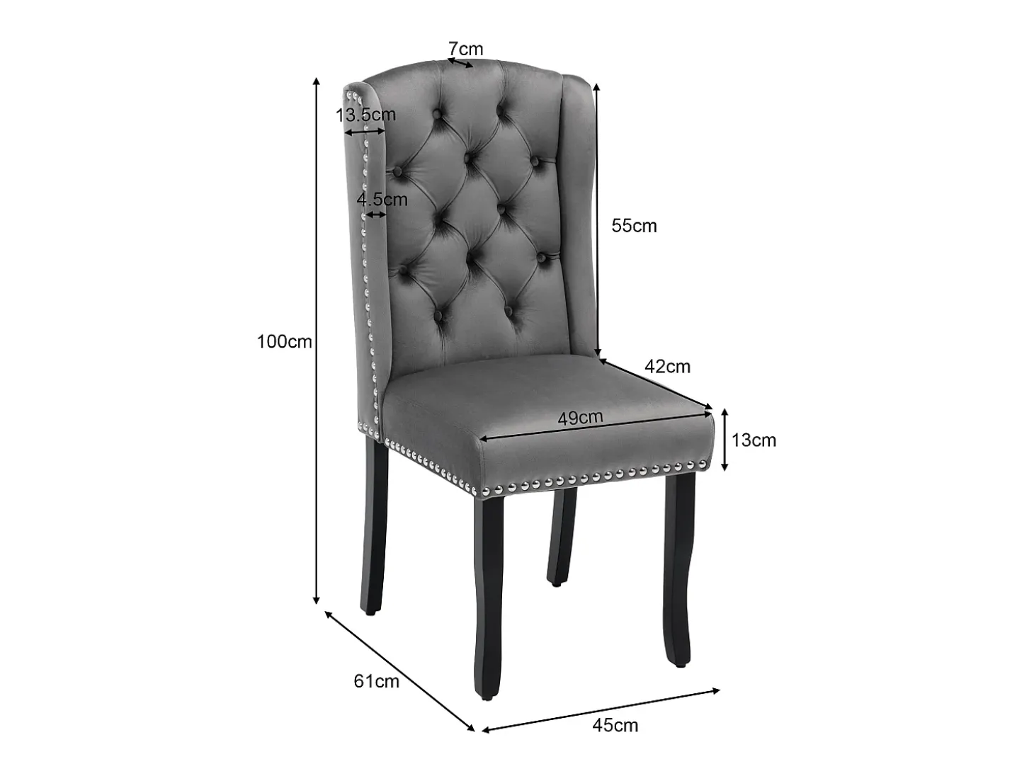 Silla de comedor de terciopelo, juego de 2 piezas, patas de roble, botones y tachuelas de metal, gris (L 61 x An 45 x Al 100 cm)