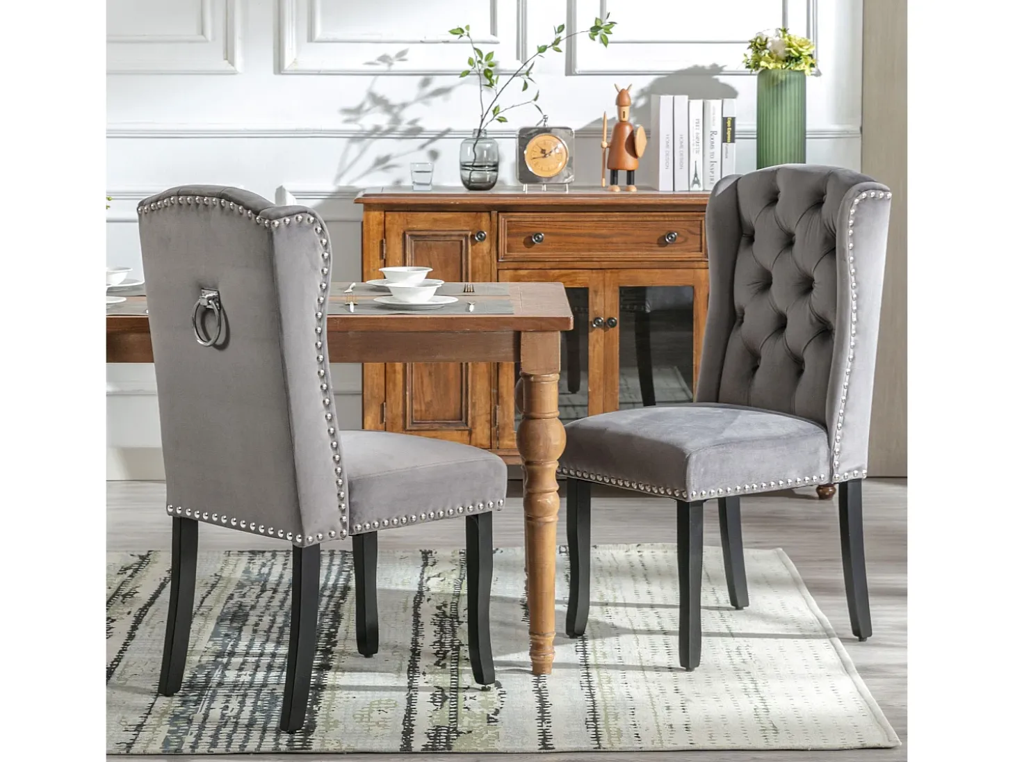 Silla de comedor de terciopelo, juego de 2 piezas, patas de roble, botones y tachuelas de metal, gris (L 61 x An 45 x Al 100 cm)