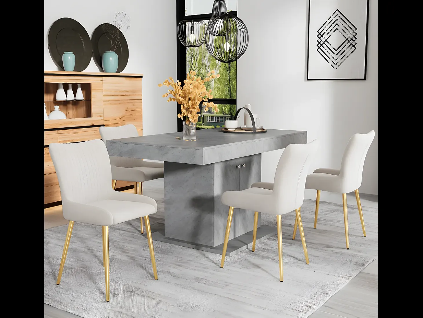 Silla de comedor de terciopelo, lote de 4, chaise longue con cuatro patas de metal dorado, beige