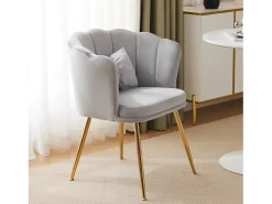 Silla de comedor de terciopelo con respaldo capitoné y patas de metal dorado – gris