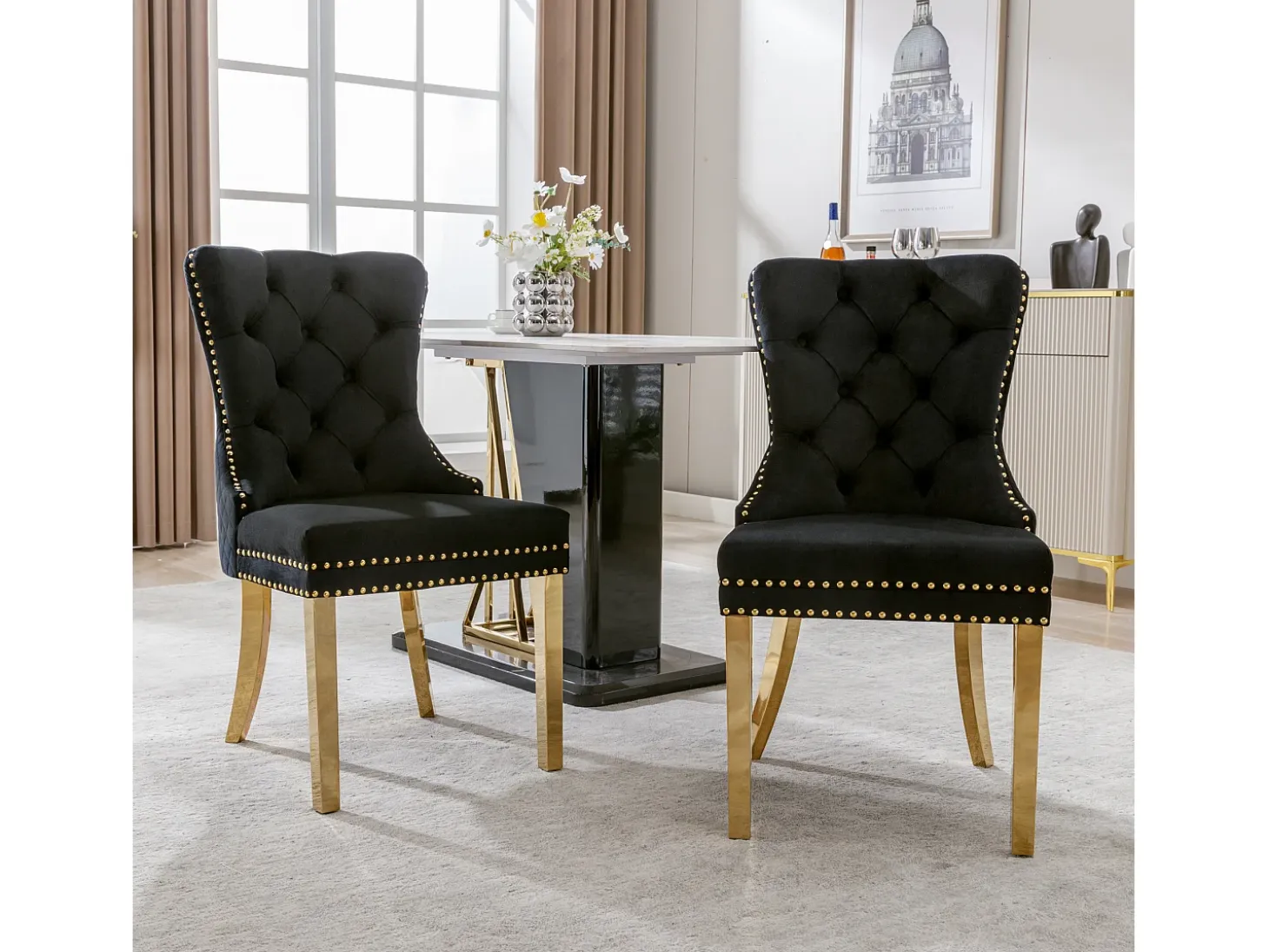 Silla de comedor de terciopelo gris, diseño único con aro decorativo, patas de acero inoxidable dorado (50,5 x 45 x 95 cm)