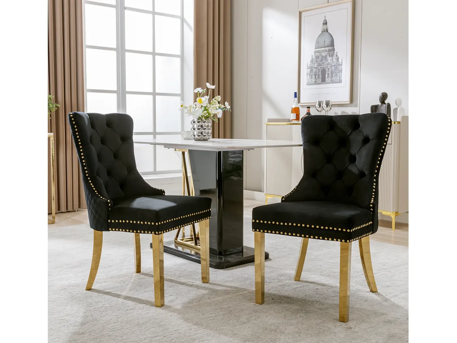 Silla de comedor de terciopelo gris, diseño único con aro decorativo, patas de acero inoxidable dorado (50,5 x 45 x 95 cm)