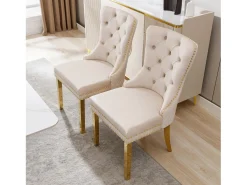 Silla de comedor de terciopelo, clavos decorativos, patas de acero inoxidable dorado, beige/dorado (50,5x45x95 cm)