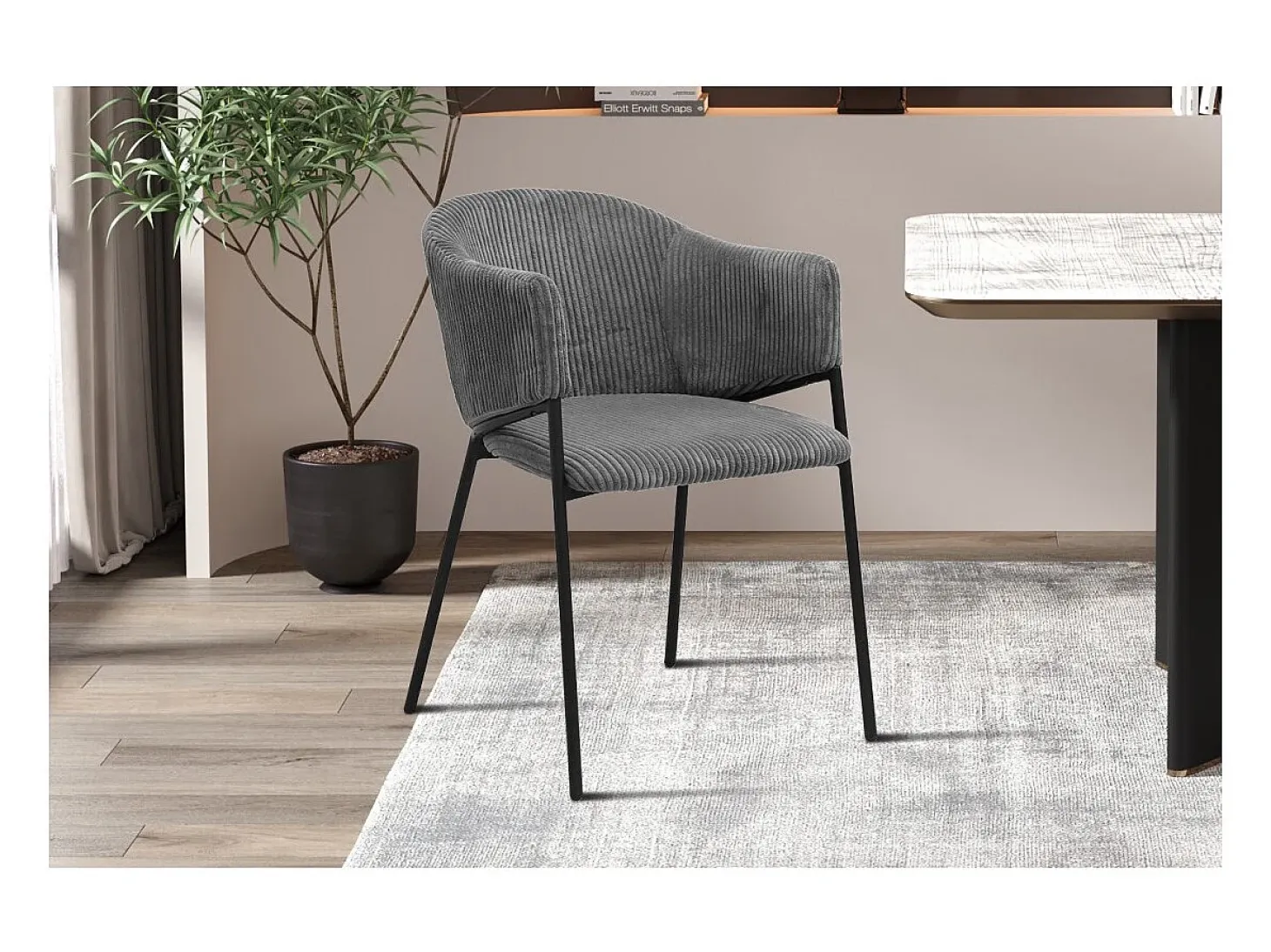 Silla de comedor IMANY – Terciopelo acanalado gris oscuro – Con brazos – Patas de metal negro – Estilo diseño / industrial