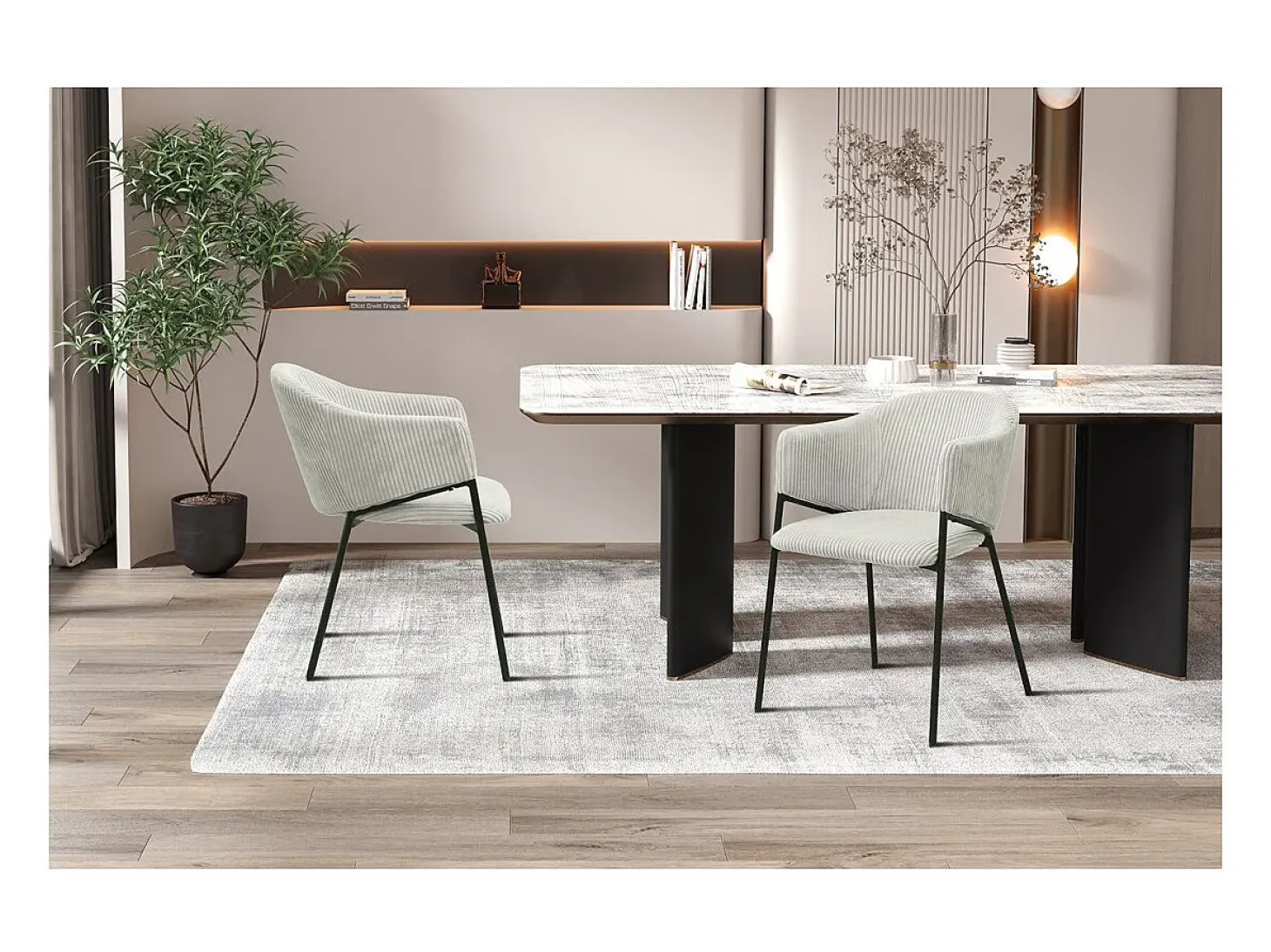 Silla de comedor IMANY – Terciopelo acanalado gris claro – Reposabrazos – Patas de metal negro – Estilo diseño / industrial