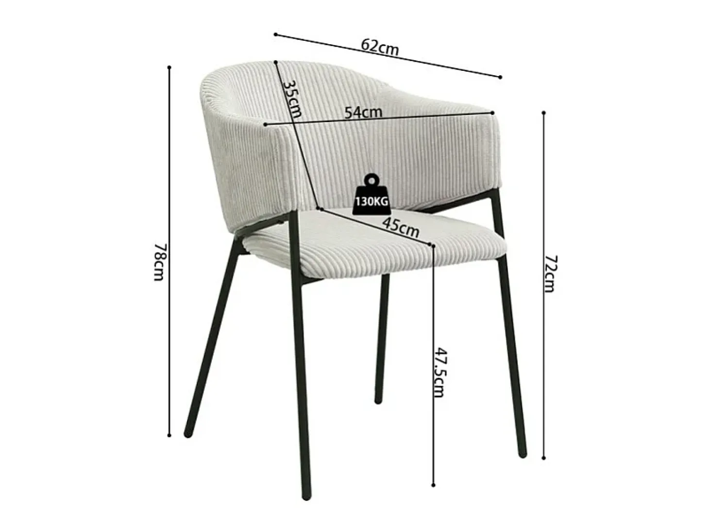 Silla de comedor IMANY – Terciopelo acanalado gris claro – Reposabrazos – Patas de metal negro – Estilo diseño / industrial