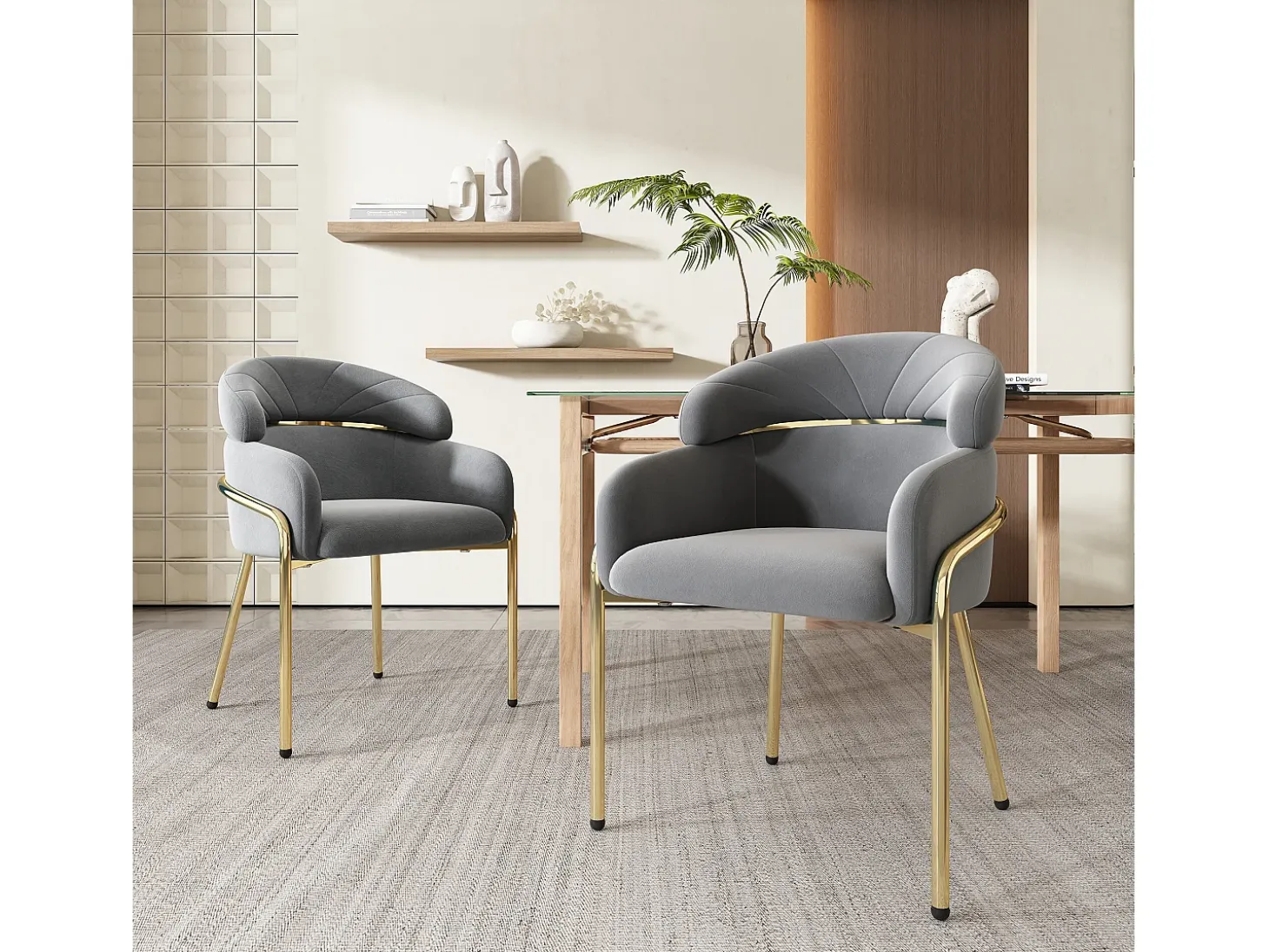 Silla de comedor individual de terciopelo con patas de metal, gris (59,69x59,69x55,88 cm)