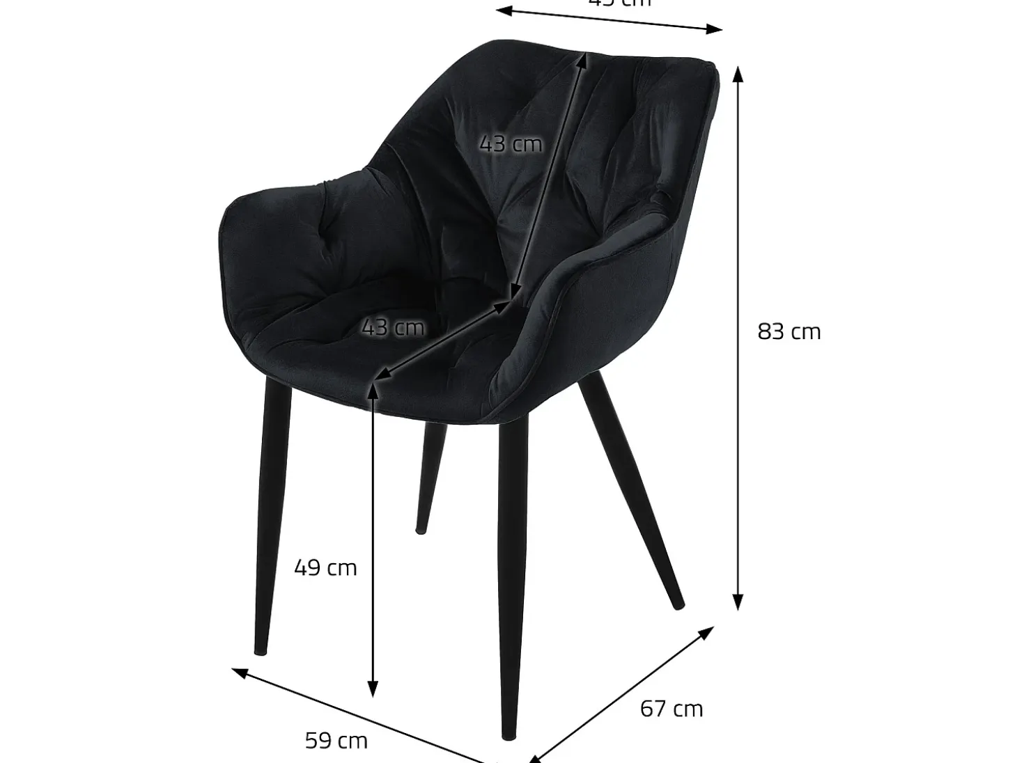 Silla de comedor Juego de 2 Funda de terciopelo negro con patas de metal incl. Material de montaje ML-Design