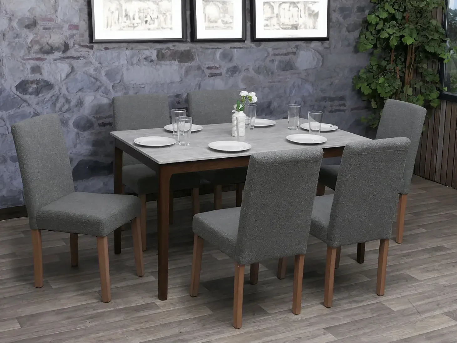 Silla de comedor Littau bouclé (juego de 6), gris, patas color natural