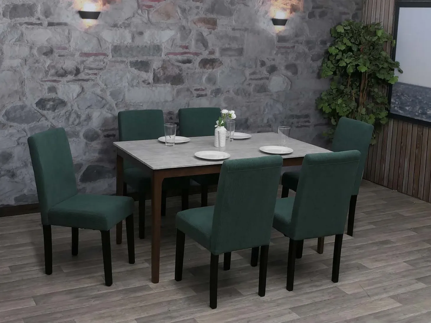 Silla de comedor Littau Cord (juego de 6), verde, patas oscuras