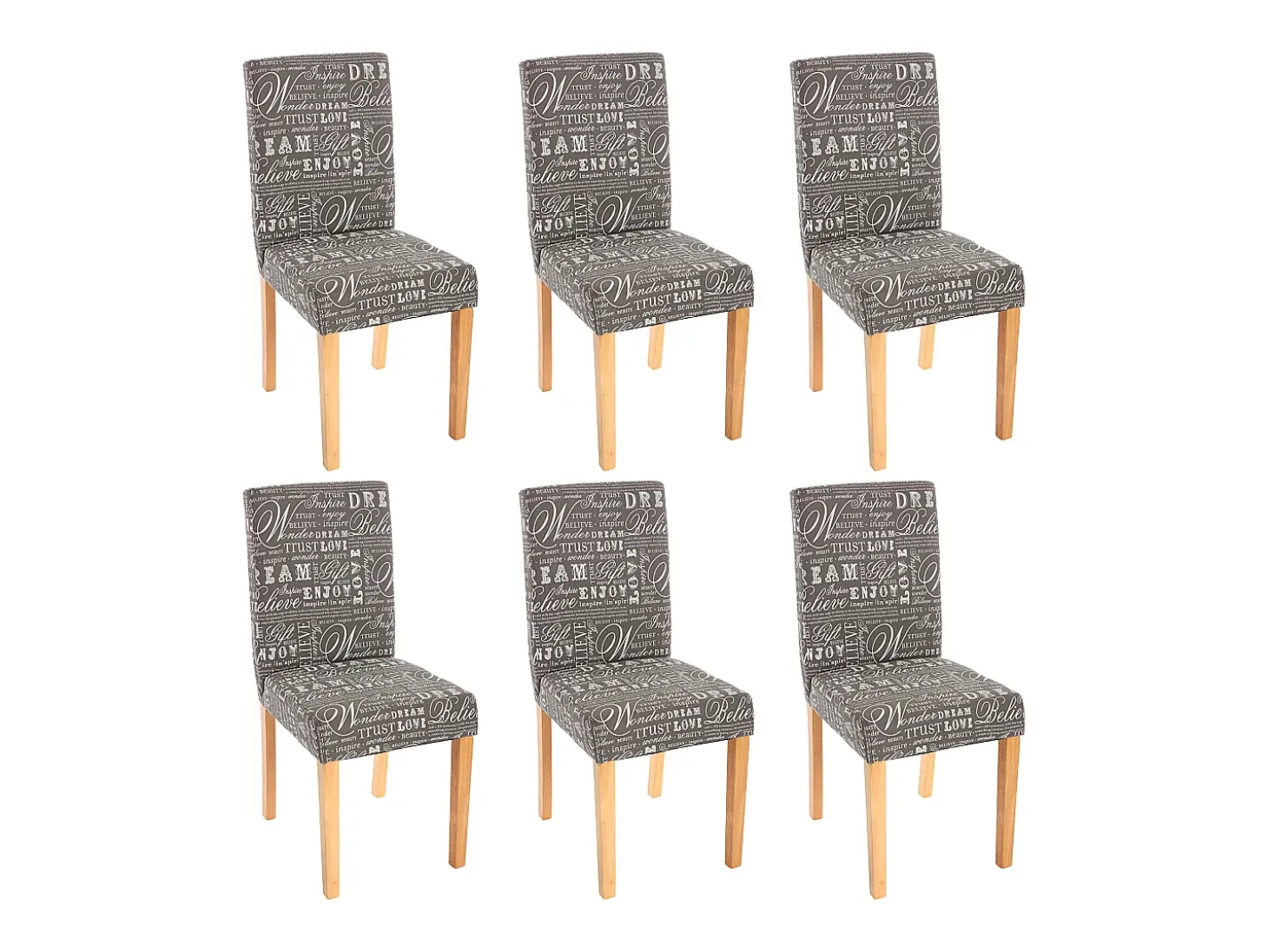 Silla de comedor Littau (juego de 6), textil con letras, gris, patas claras