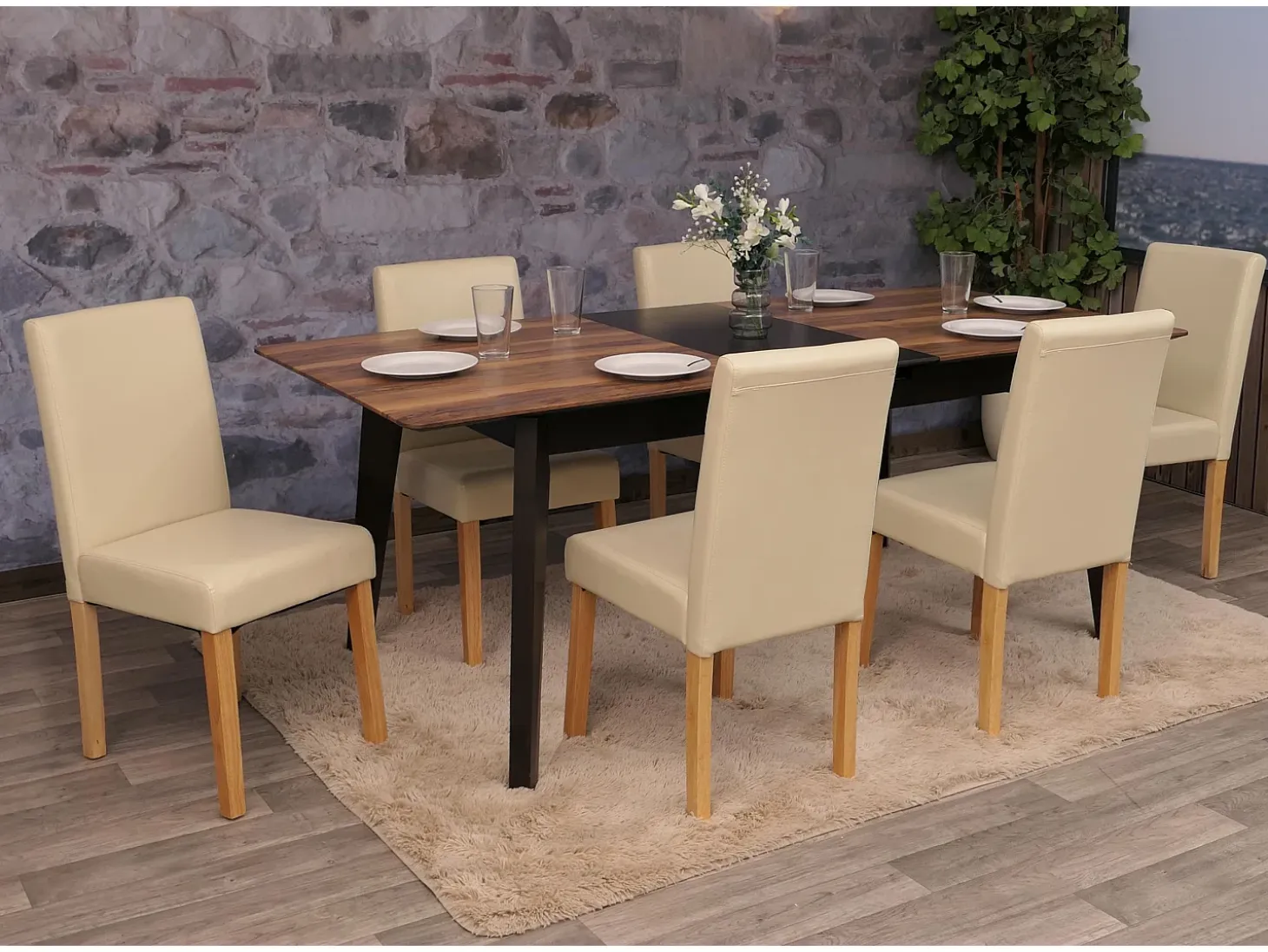 Silla de comedor Littau (juego de 6), cuero, crema, patas claras