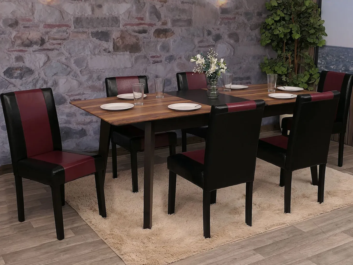Silla de comedor Littau piel sintética lote de 2, polipiel, negro-rojo, patas oscuras