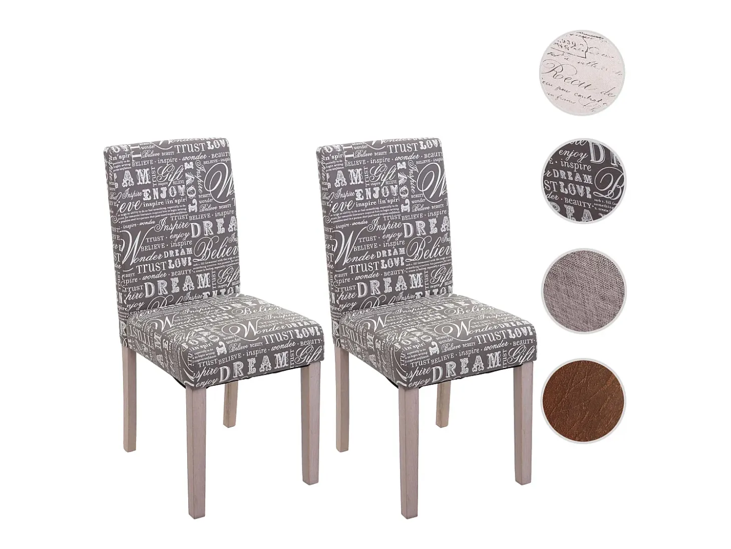 Silla de comedor Littau (set de 2), textil con letras, gris, patas estructura - roble