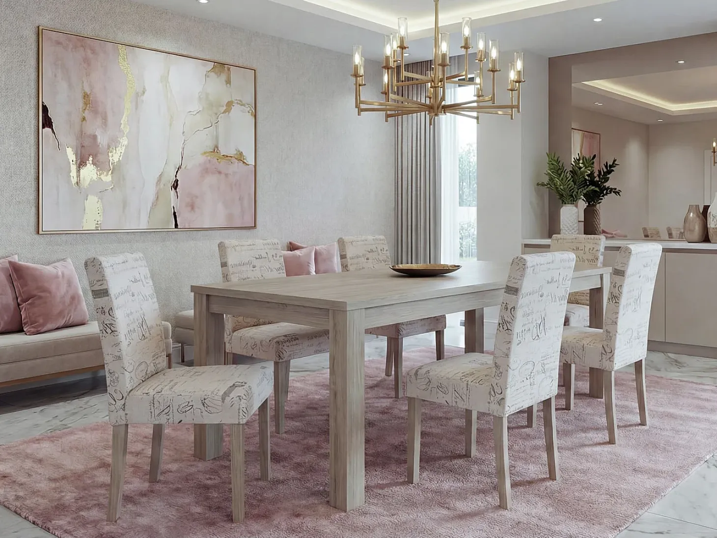 Silla de comedor Littau Schrift (juego de 6), Tejido con inscripción, color crema, estructura de las patas: roble