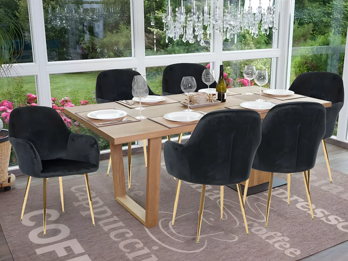 Silla de comedor MCW-F18 (set de 2), terciopelo negro, patas doradas