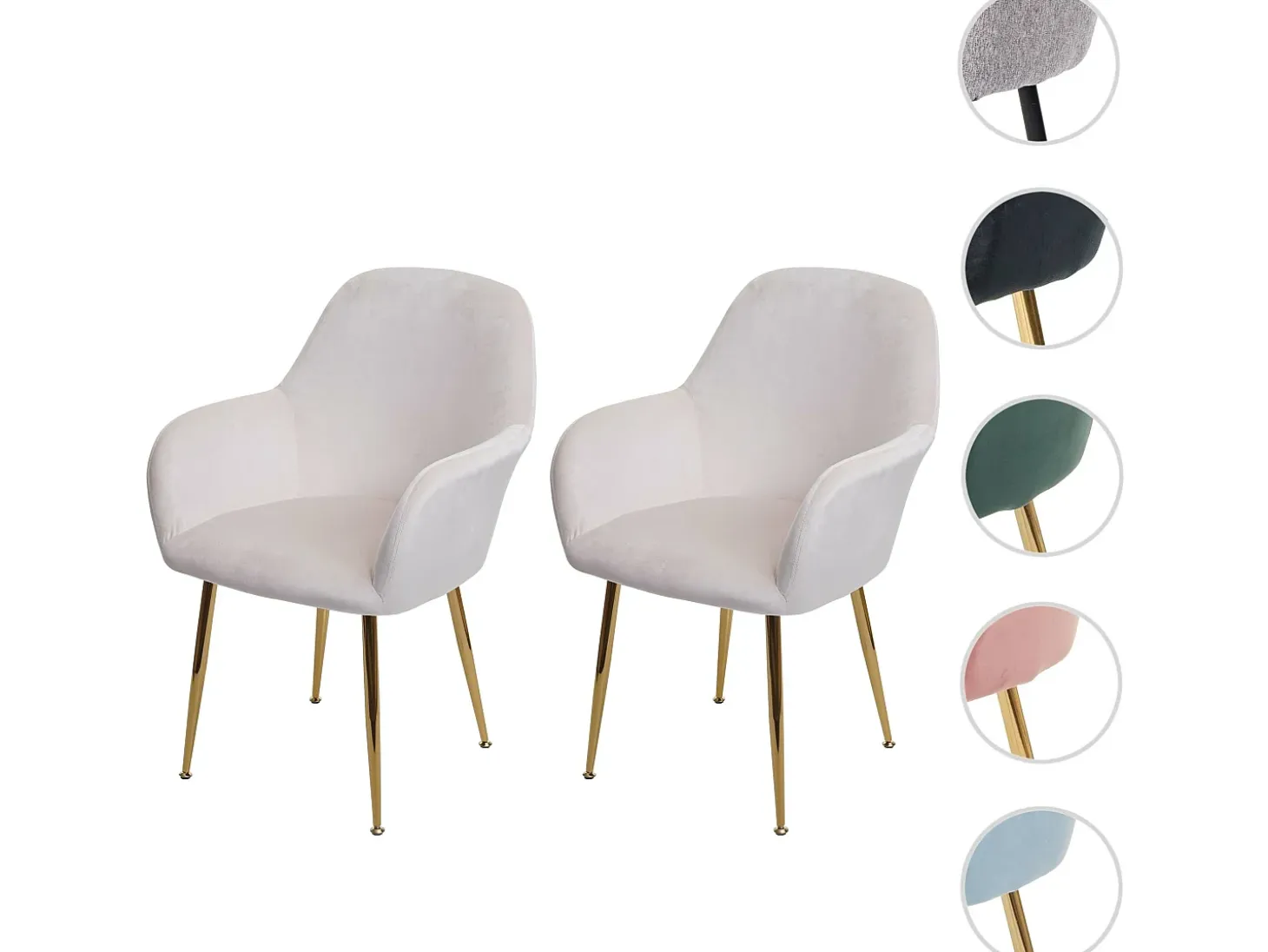 Silla de comedor MCW-F18 (set de 2), terciopelo crema-blanco, patas doradas
