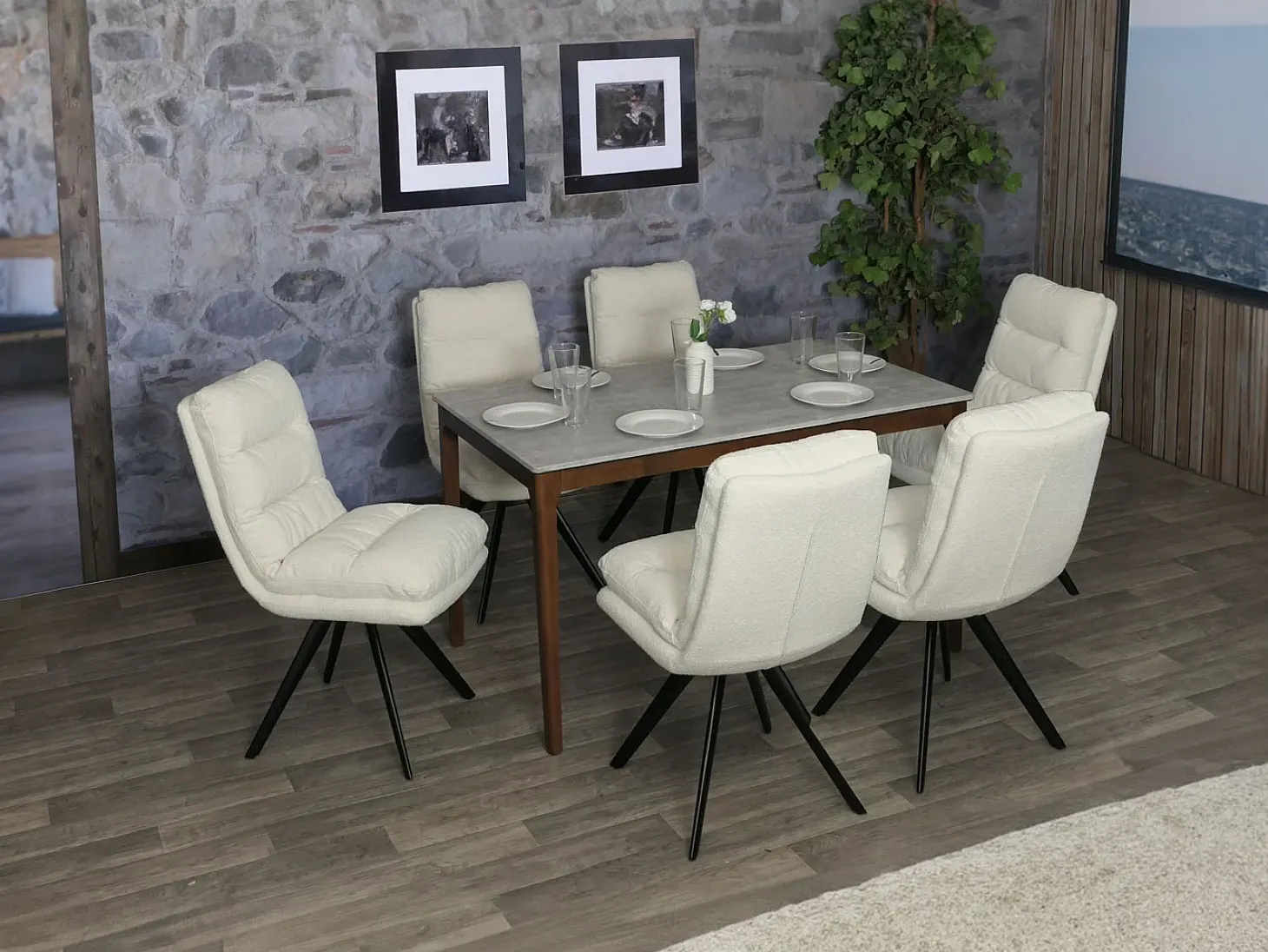 Silla de comedor MCW-G66 Bouclé (juego de 6), blanco crema