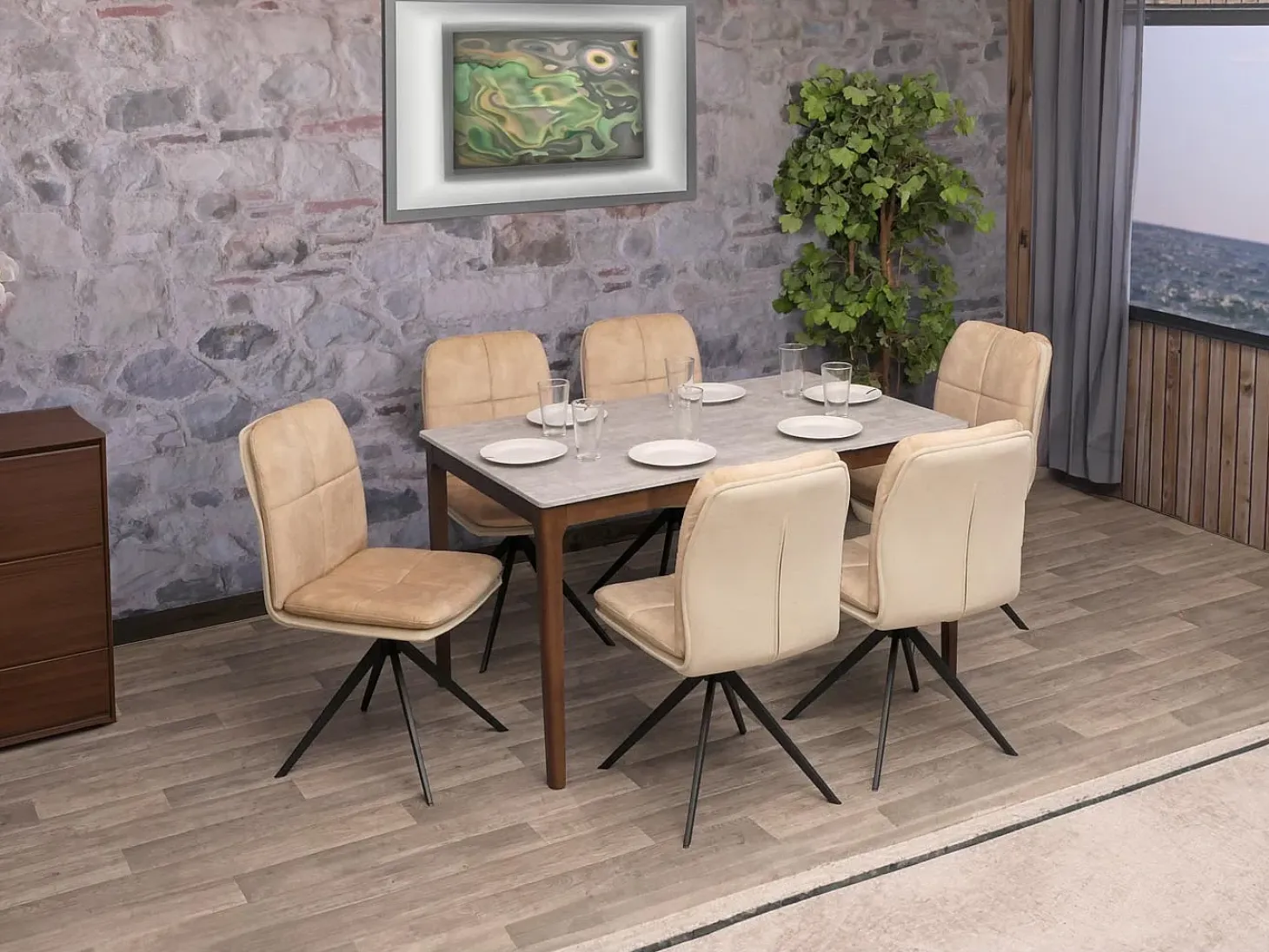 Silla de comedor MCW-M68 (juego de 6), beige