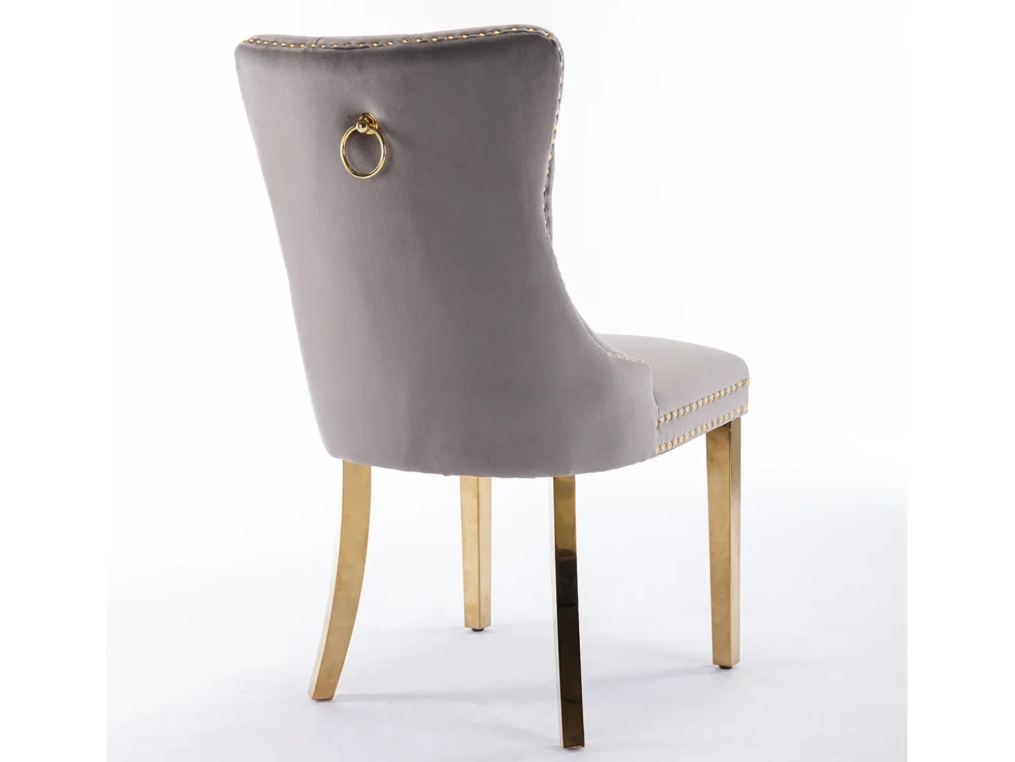 Silla de comedor moderna, terciopelo gris, patas de madera, clavos decorativos, juego de 2 (65x50x95 cm)