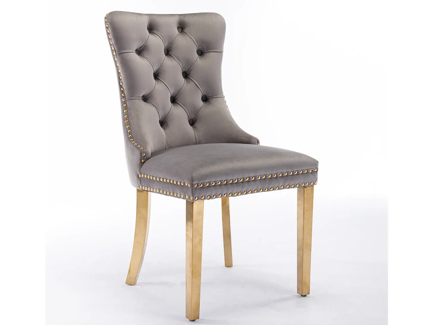 Silla de comedor moderna, terciopelo gris, patas de madera, clavos decorativos, juego de 2 (65x50x95 cm)