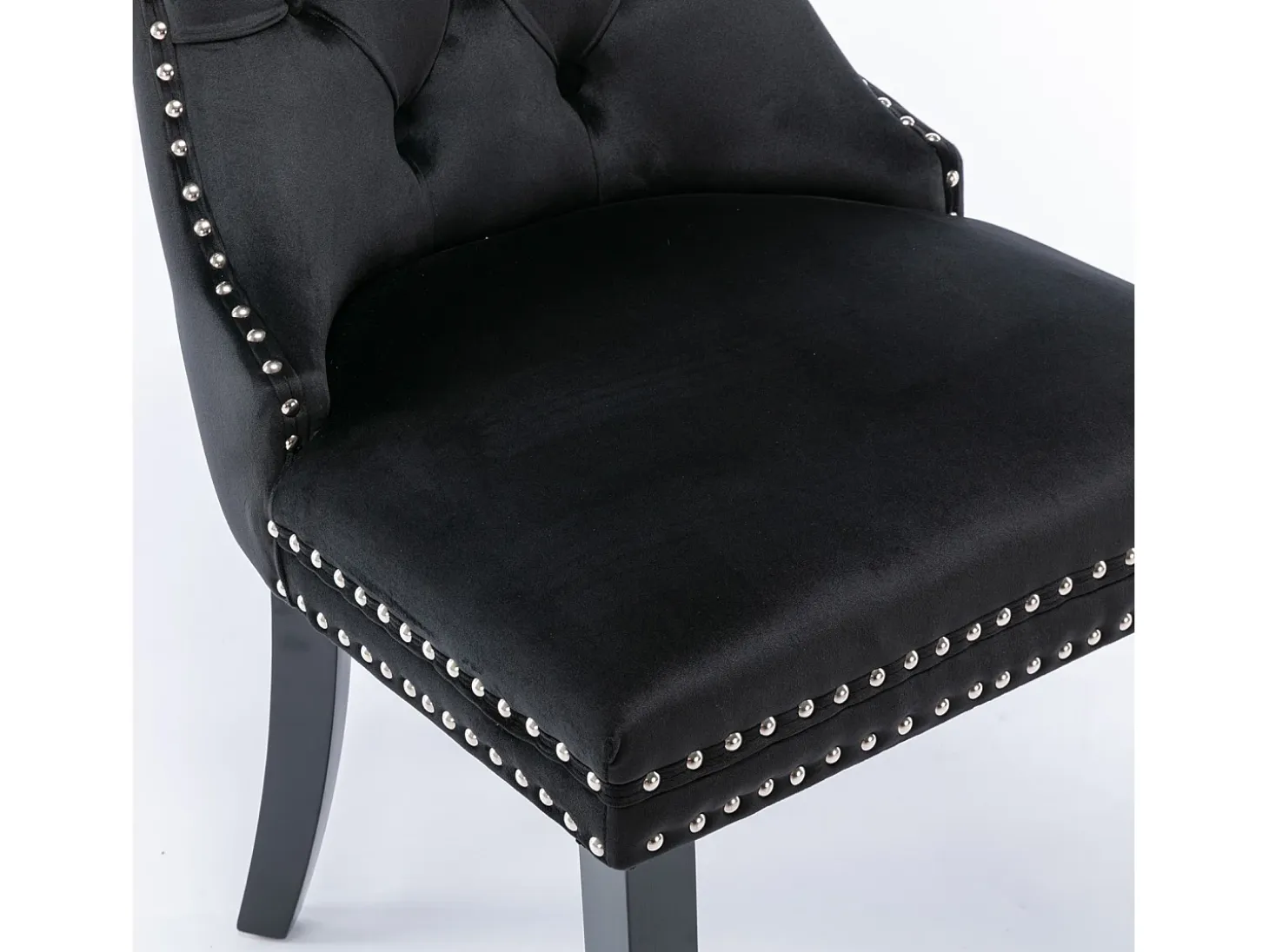 Silla de comedor moderna de terciopelo premium, respaldo tapizado con patas de madera y ribete de tachuelas, color negro (65 x 50 x 95 cm)