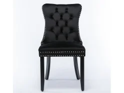 Silla de comedor moderna de terciopelo premium, respaldo tapizado con patas de madera y ribete de tachuelas, color negro (65 x 50 x 95 cm)