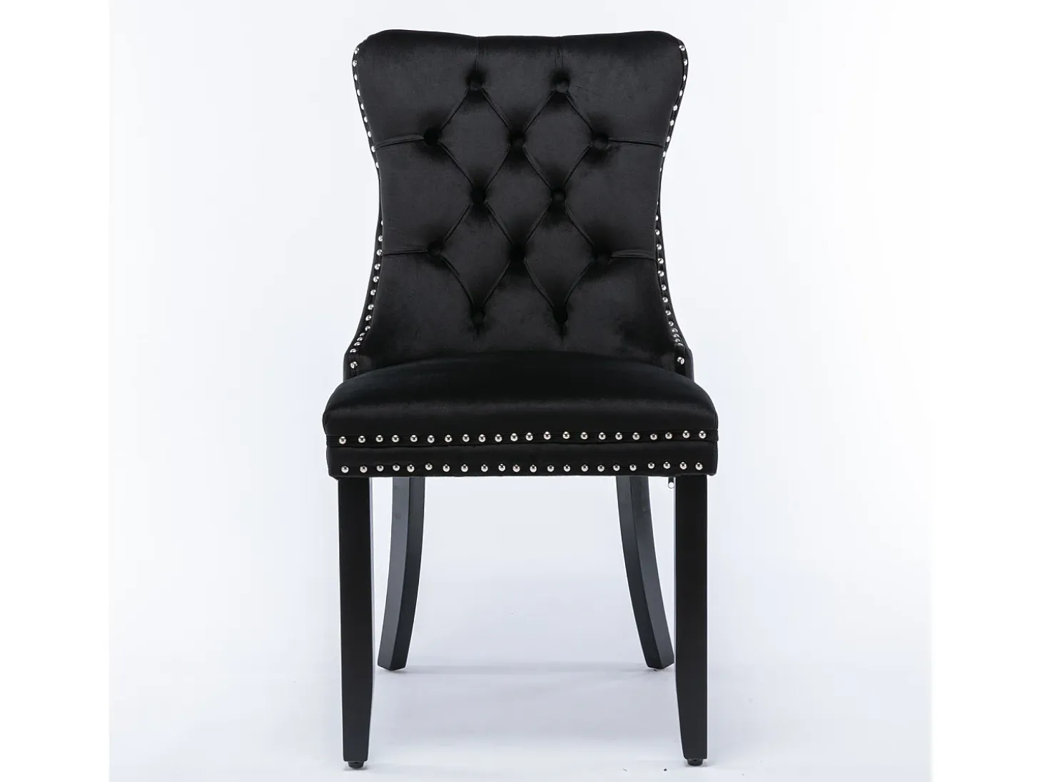 Silla de comedor moderna de terciopelo premium, respaldo tapizado con patas de madera y ribete de tachuelas, color negro (65 x 50 x 95 cm)