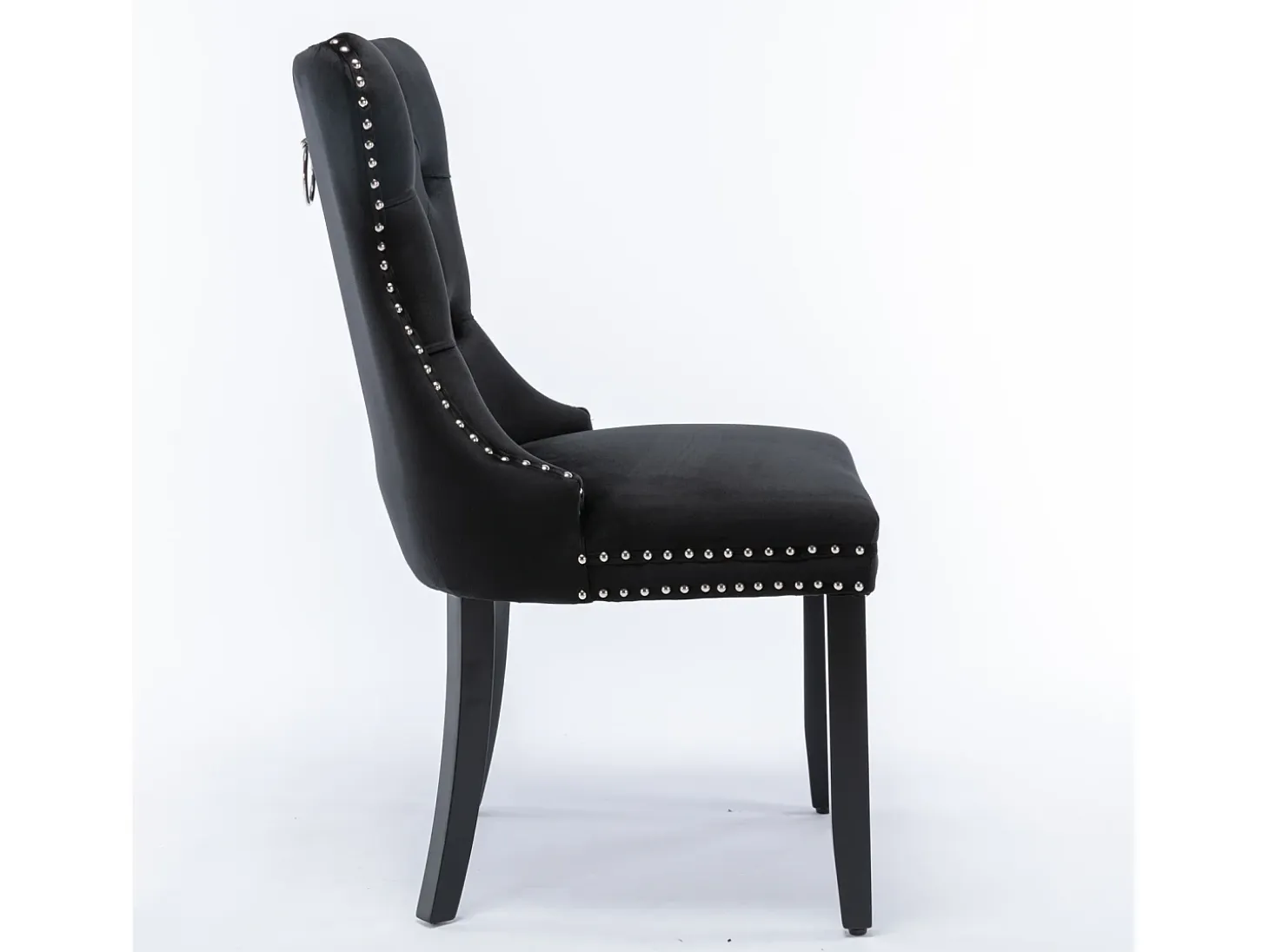 Silla de comedor moderna de terciopelo premium, respaldo tapizado con patas de madera y ribete de tachuelas, color negro (65 x 50 x 95 cm)