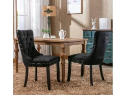 Silla de comedor moderna de terciopelo premium, respaldo tapizado con patas de madera y ribete de tachuelas, color negro (65 x 50 x 95 cm)