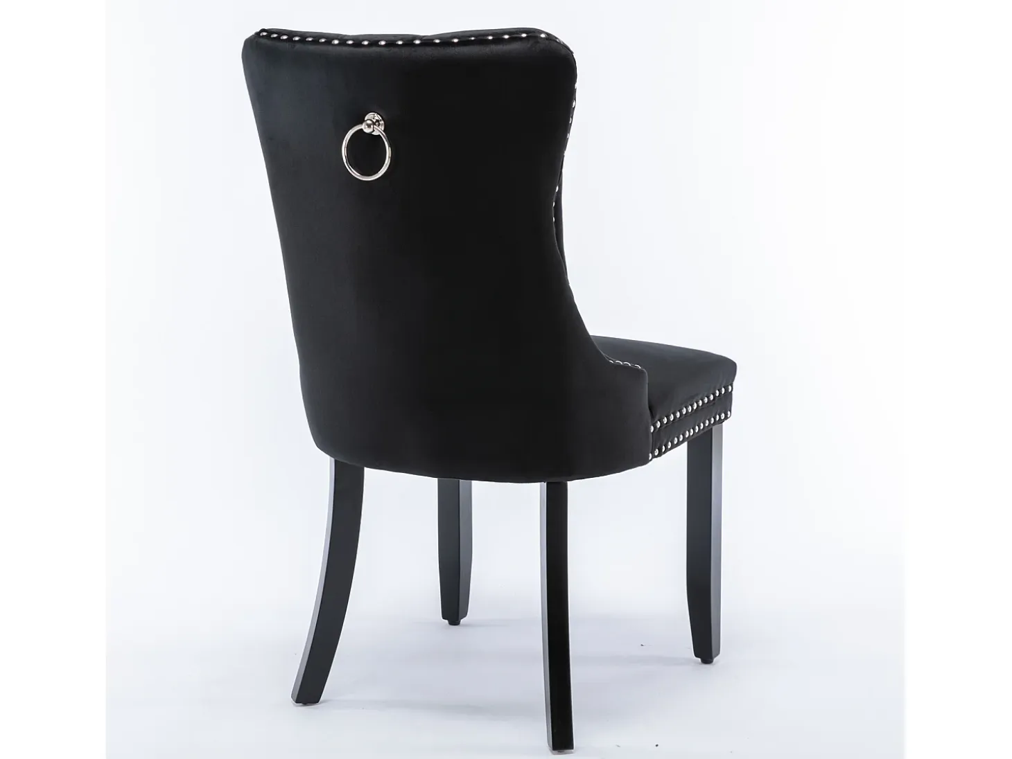 Silla de comedor moderna de terciopelo premium, respaldo tapizado con patas de madera y ribete de tachuelas, color negro (65 x 50 x 95 cm)