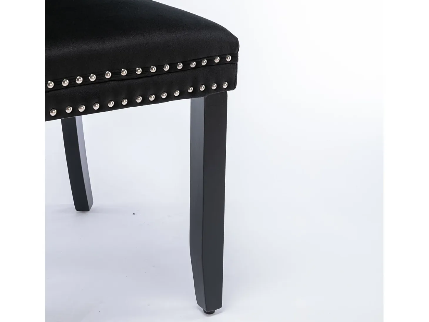 Silla de comedor moderna de terciopelo premium, respaldo tapizado con patas de madera y ribete de tachuelas, color negro (65 x 50 x 95 cm)