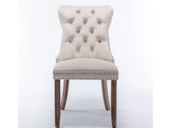 Silla de comedor moderna con reposabrazos, terciopelo, base de madera maciza, con clavos decorativos, beige (65x50x95 cm)
