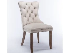 Silla de comedor moderna con reposabrazos, terciopelo, base de madera maciza, con clavos decorativos, beige (65x50x95 cm)