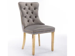 Silla de comedor moderna, terciopelo gris, patas de madera, clavos decorativos, juego de 2 (65x50x95 cm)