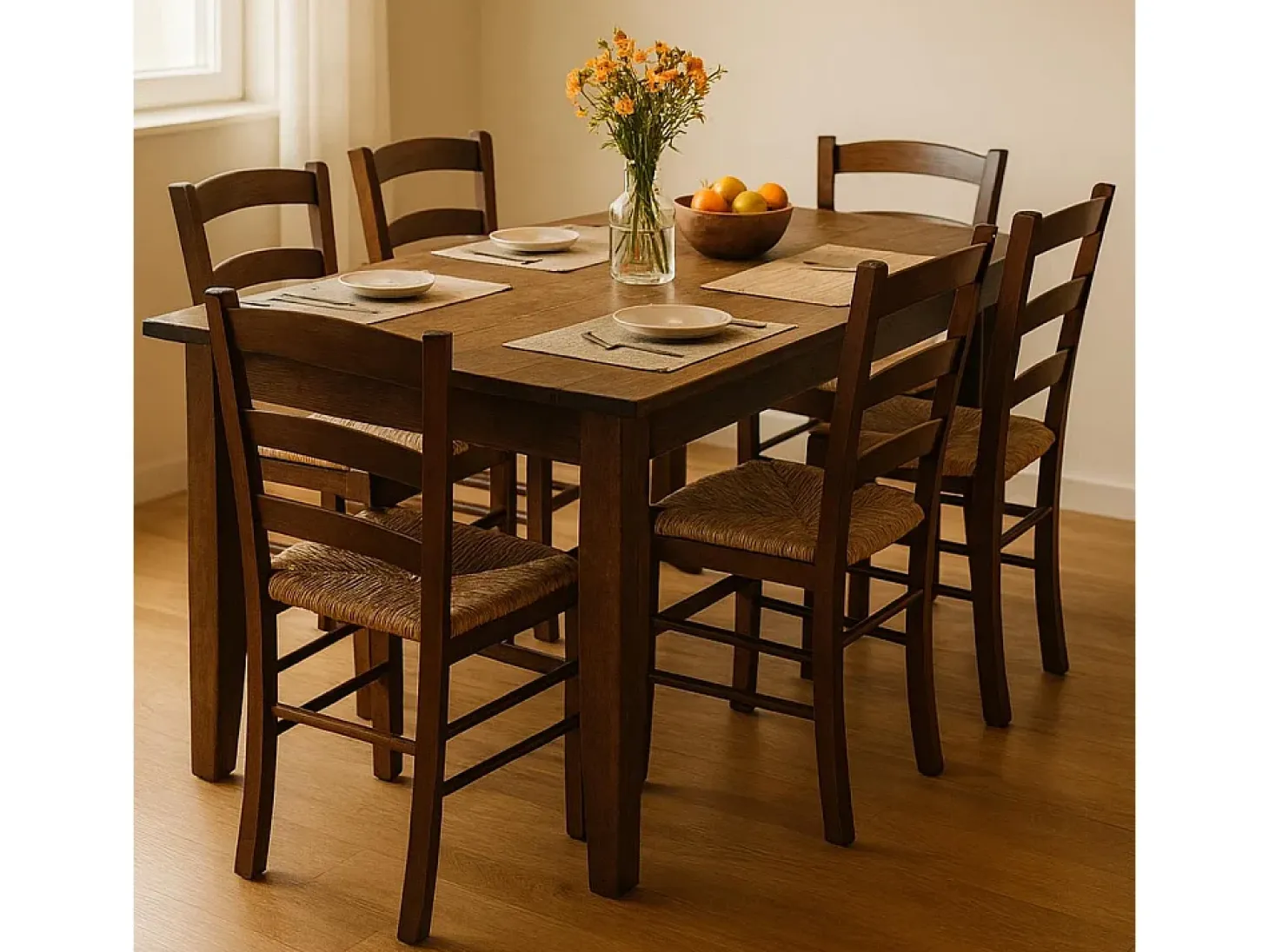 Silla de comedor Paesana en madera de nogal oscuro con asiento de paja para la cocina y el hogar