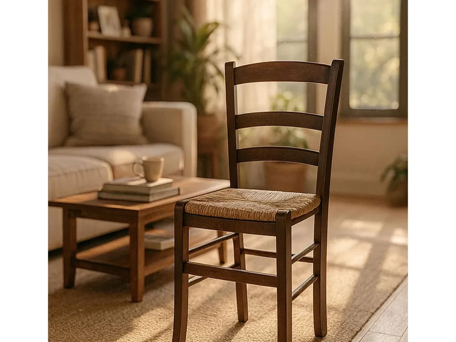 Silla de comedor Paesana en madera de nogal oscuro con asiento de paja para la cocina y el hogar