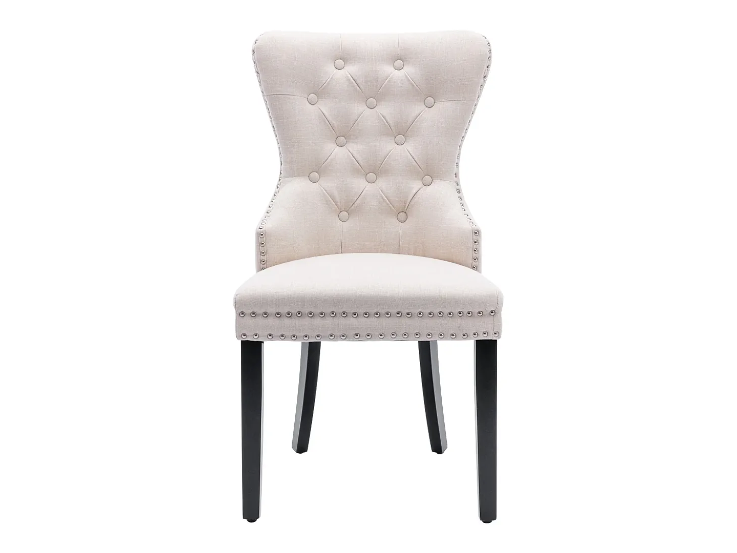 Silla de comedor, silla de dormitorio con patas de roble, botones, tachuelas cromadas, tela de lino, beige (L50xP54xH97 cm), 4 piezas
