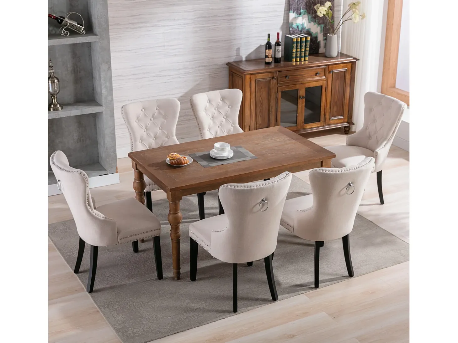 Silla de comedor, silla de dormitorio con patas de roble, botones, tachuelas cromadas, tela de lino, beige (L50xP54xH97 cm), 4 piezas