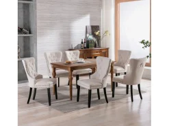 Silla de comedor, silla de dormitorio con patas de roble, botones, tachuelas cromadas, tela de lino, beige (L50xP54xH97 cm), 4 piezas