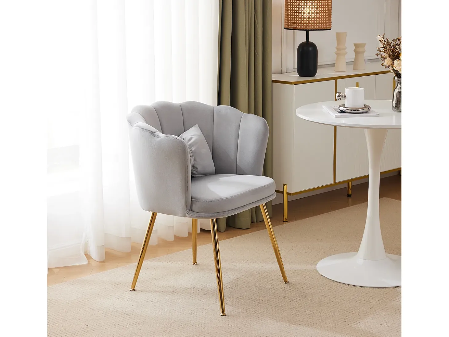 Silla de comedor tapizada en terciopelo con cojín y patas de metal - respaldo pétalo - madera - gris