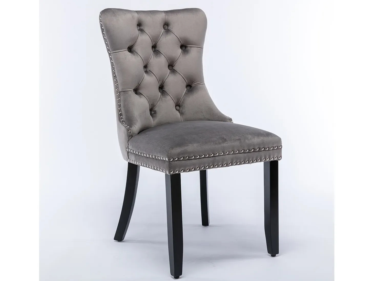 Silla de comedor tapizada, madera maciza, base de madera, remaches decorativos, terciopelo, gris (65x50x95 cm)