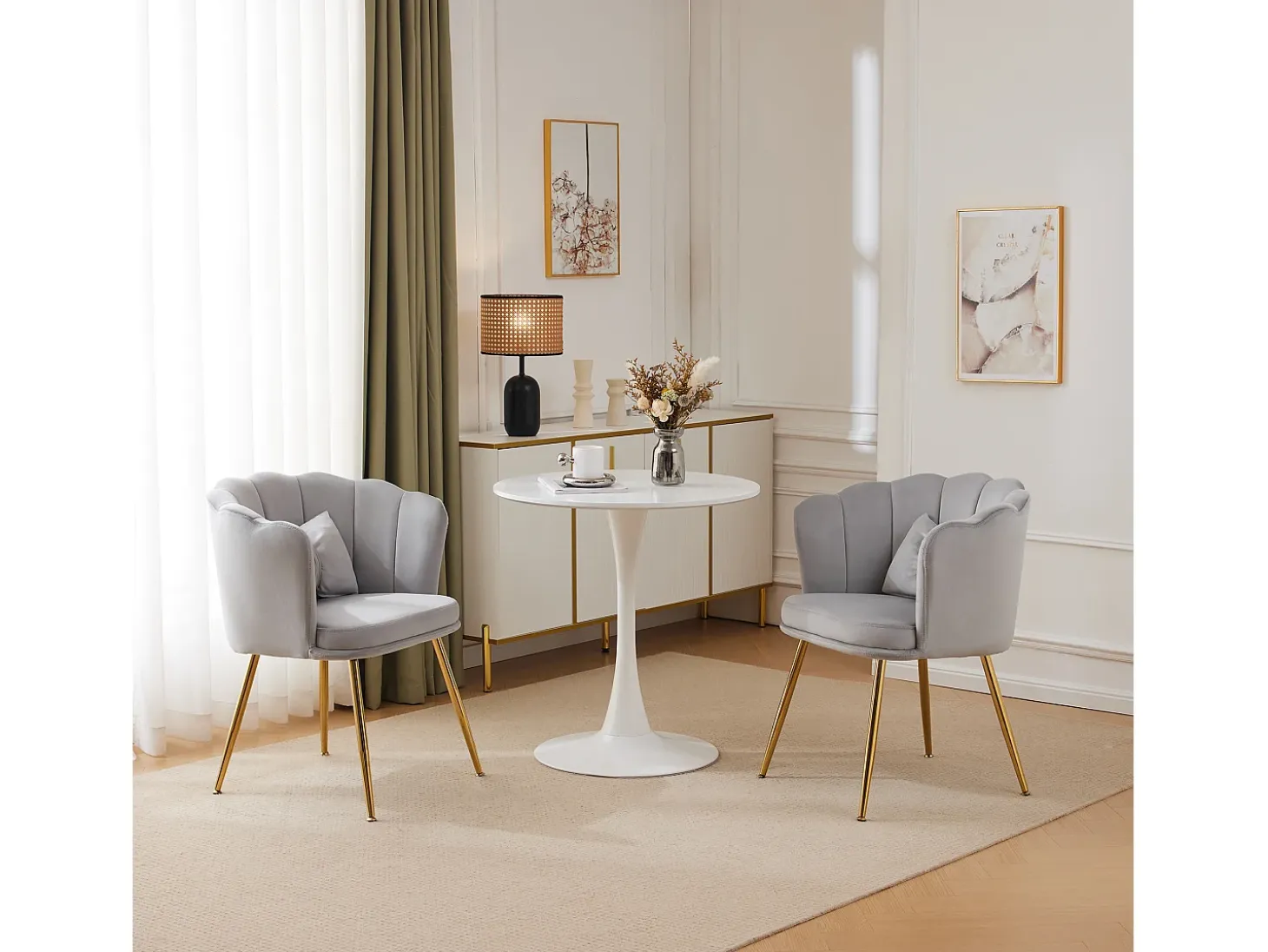 Silla de comedor tapizada de terciopelo con cojín y patas de metal - Respaldo de pétalos - Madera - Gris (2 piezas)