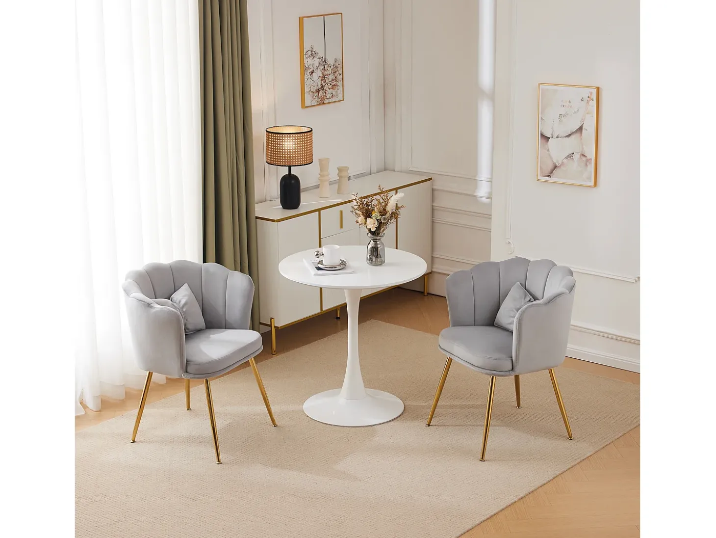 Silla de comedor tapizada de terciopelo con cojín y patas de metal - Respaldo de pétalos - Madera - Gris (2 piezas)
