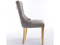 Silla de comedor tapizada de 2 piezas con patas de acero inoxidable cromado, tapizado con tachuelas, tapicería de terciopelo, colores gris y dorado