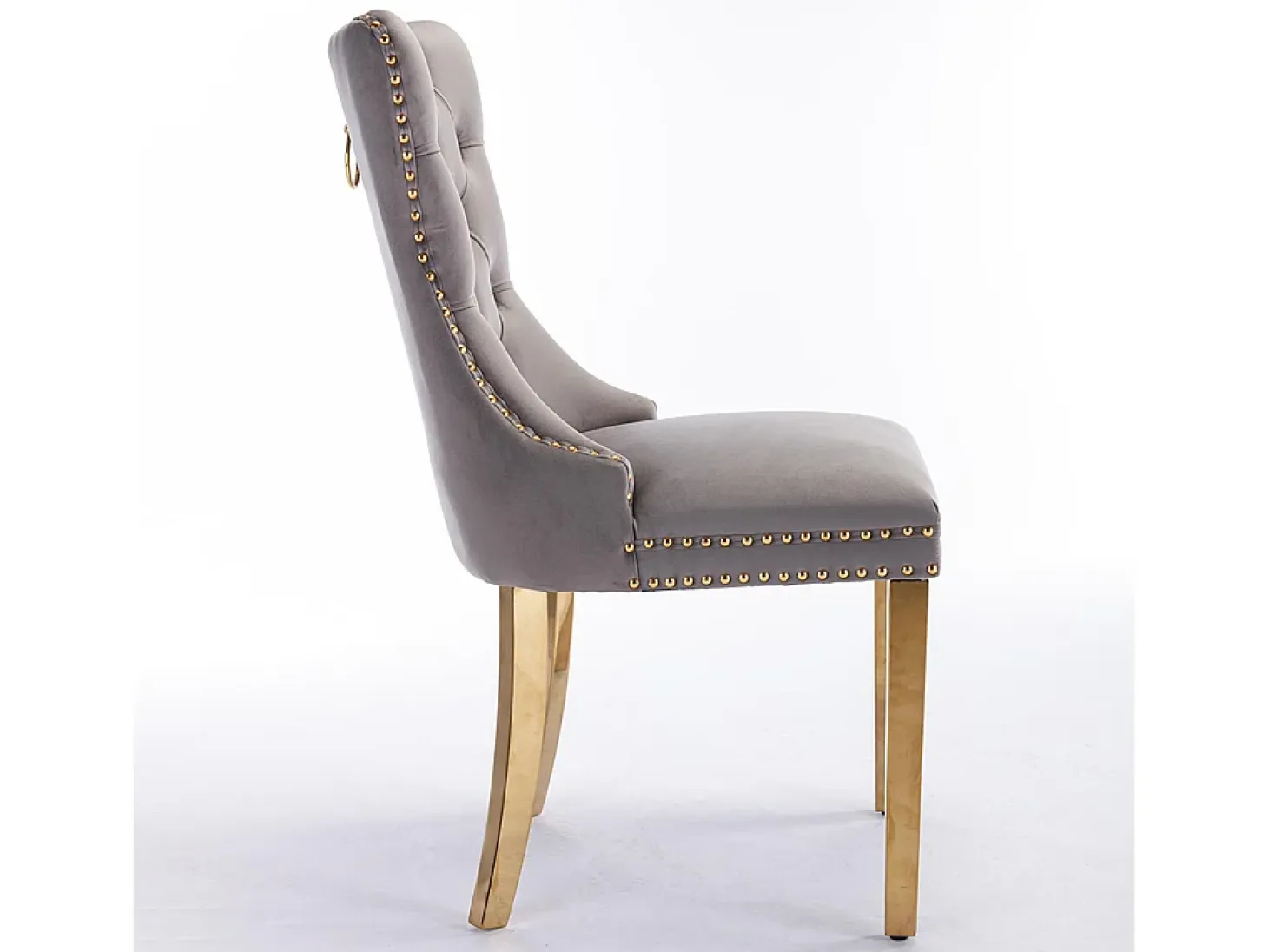 Silla de comedor tapizada de 2 piezas con patas de acero inoxidable cromado, tapizado con tachuelas, tapicería de terciopelo, colores gris y dorado