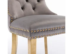 Silla de comedor tapizada de 2 piezas con patas de acero inoxidable cromado, tapizado con tachuelas, tapicería de terciopelo, colores gris y dorado