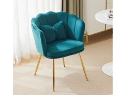 Silla de comedor tapizada en terciopelo con cojín y patas de metal - respaldo pétalo - madera - verde