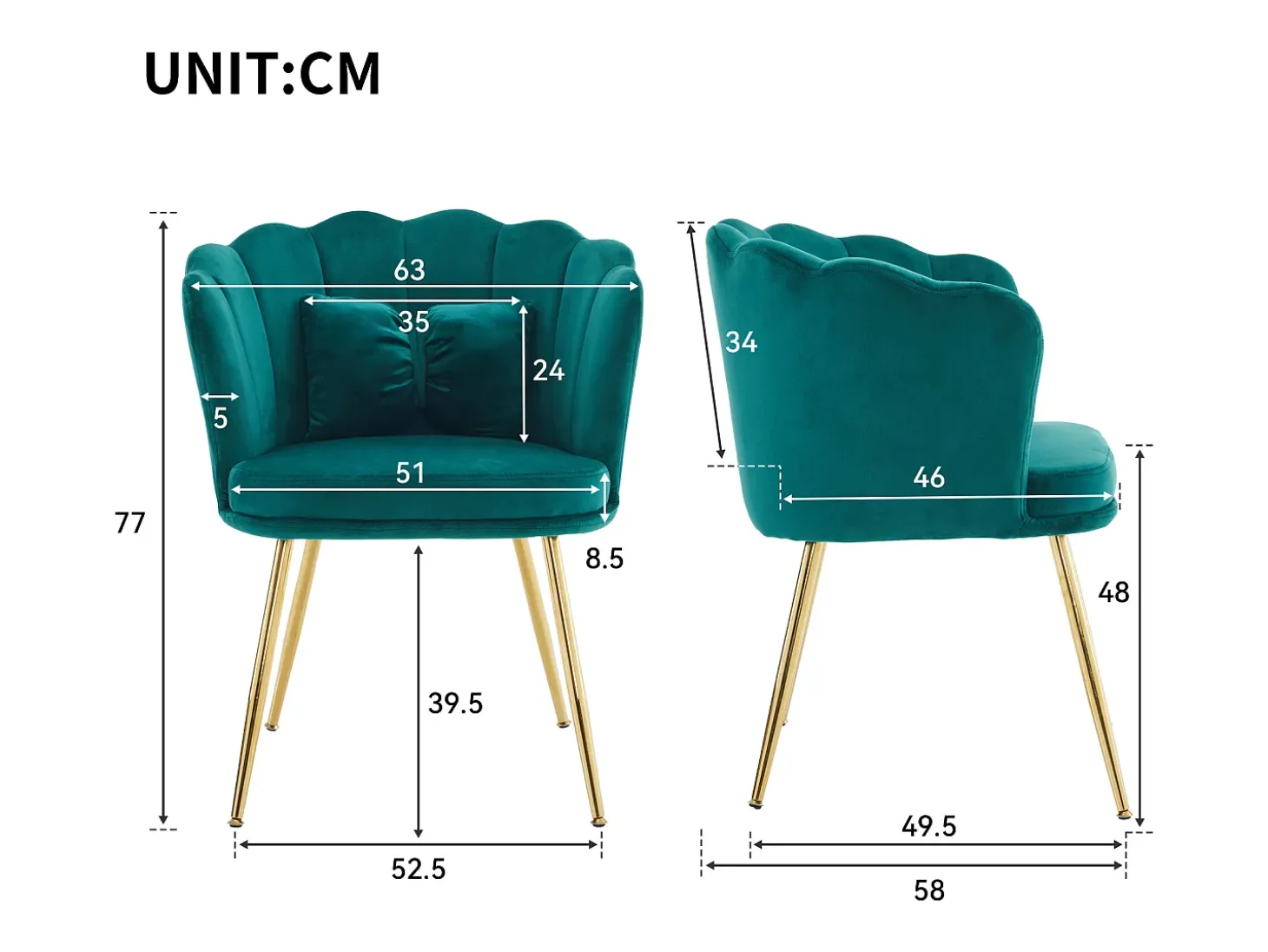 Silla de comedor tapizada en terciopelo con cojín y patas de metal - respaldo pétalo - madera - verde