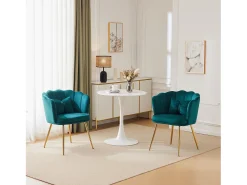 Silla de comedor tapizada de terciopelo con cojín y patas de metal - Respaldo de pétalos - Madera - Verde (2 piezas)